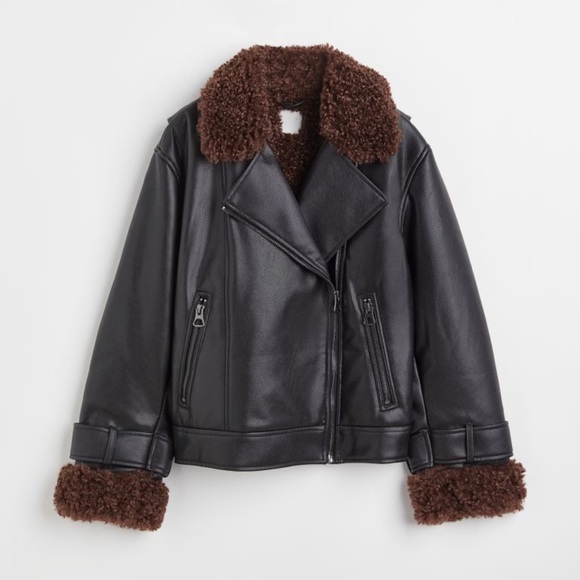 Black Biker jacket with a comfy teddy bear fabric on the inside - Picture 1 of 6